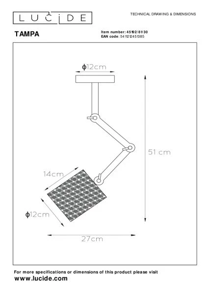 Lucide TAMPA - Plafonnière - Ø 12 cm - 1xE27 - Zwart - technisch